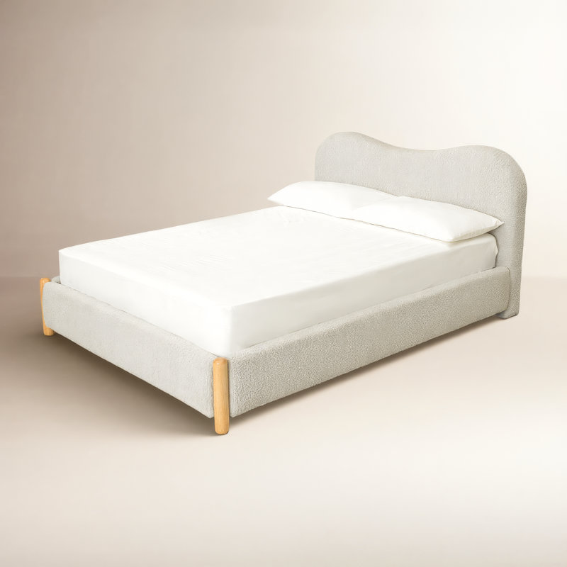Brechtel Platform Bed Frame with Fabric Upholstered Headboard and Wooden Slats Support,No Box Spring Needed , White, Queen
