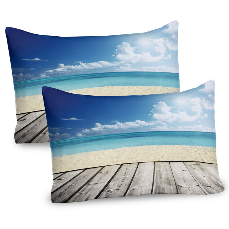 Ambesonne Landscape Pillow Sham 2 Pack Exotic Ocean Nautical Cream Turquoise White, 20"H x 26"W