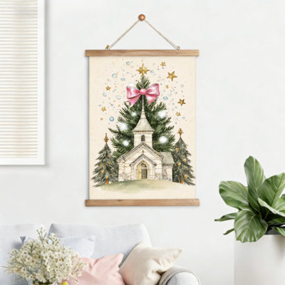 Église avec arbre de Noël, rouleau mural suspendu, 16 x 24, cintre en bois intégré