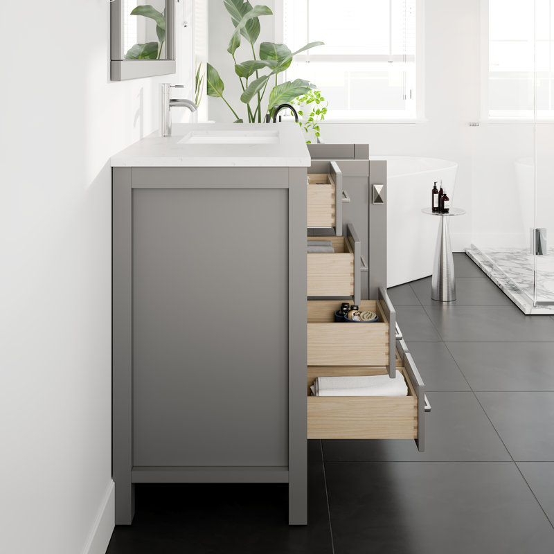 Eviva London 54"W x 18"D Bathroom Vanity with Undermount Porcelain Sink, Gray, Quartz - White Carrara
