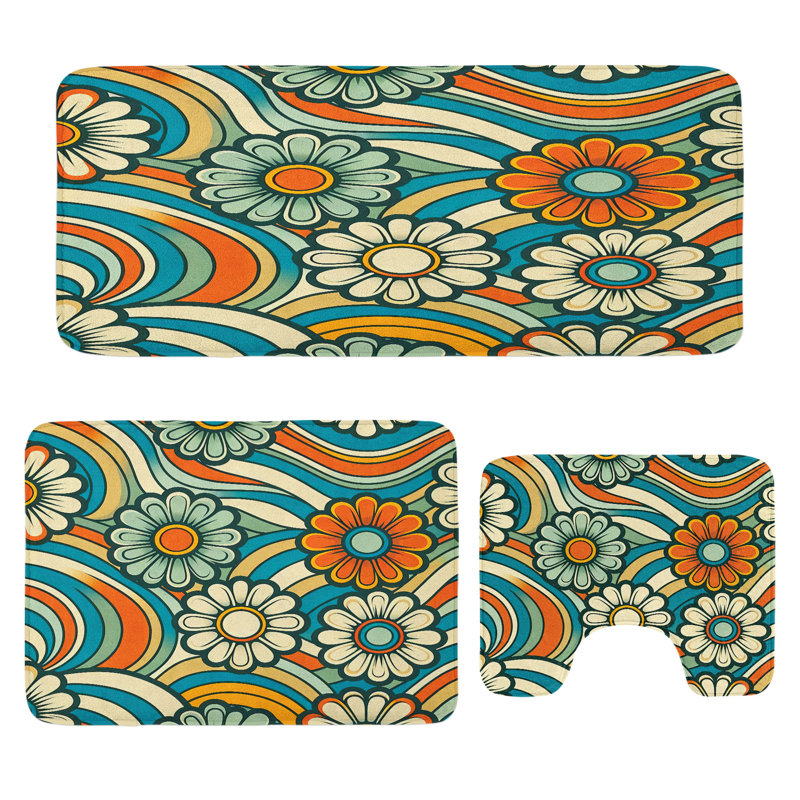 Hippie Bathroom Rug Set 3 Pieces U-Shape & Rectangle Mats Sea Blue and Burnt Orange