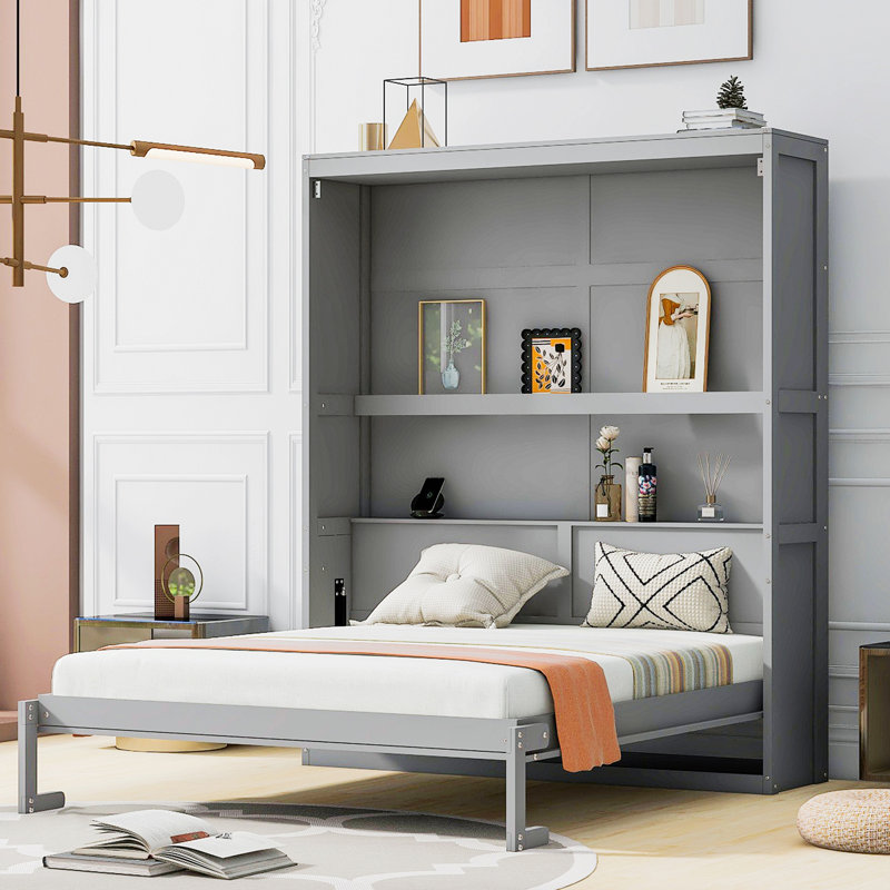 Murphy Bed Wall Bed With Shelves, Gray, Queen