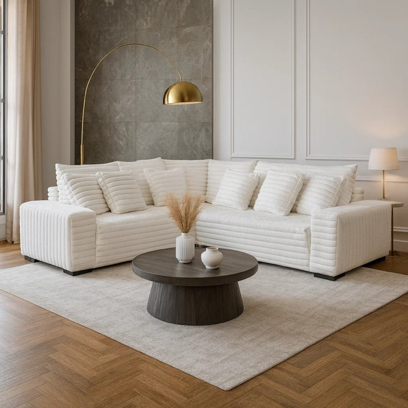 Ezo 3Pc Modular Sectional Sofa Set, 6 Pillows, White Ribbed Polyester, White Polyester Blend