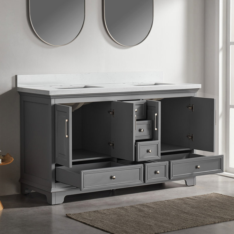 Meuble-lavabo autoportant de 60 po, entièrement assemblé, bois massif, système de fermeture en douceur, marbre d'ingénierie gris, design américain, portes et tiroirs doubles de 22 po de largeur, comptoir en marbre de 4 po