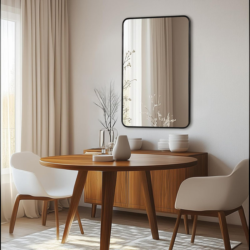 Modern Rounded Rectangular Bathroom Vanity Mirror | Stainless Steel U-Tube Frame, Matte Black, 36" x 24"