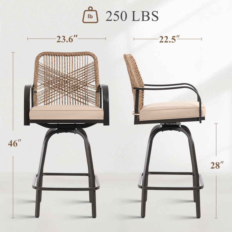 Outdoor Bar Stools Set Of 2, Patio Swivel Bar Height Rattan Bar Stools, Patio Wicker Bar Swivel Chairs With Cushion, Outdoor Pool Bar Chairs For Backyard Garden Balcony W /360 Rotation