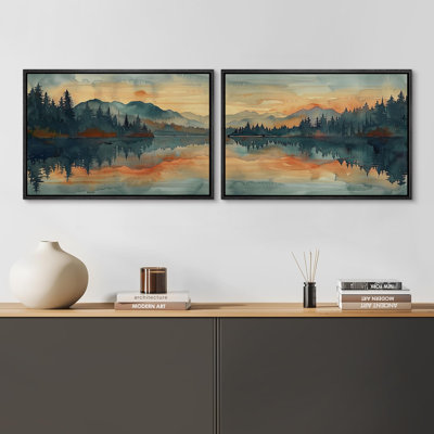Rustique campagne crépuscule, coucher de soleil orange, lac réfléchissant et forêt au crépuscule, paysage naturel - 2 pièces