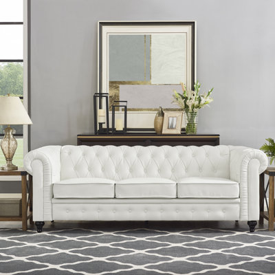Sanmiguel 88" Leather Upholstered Sofa Button Tufted Chesterfield Couch with Arms Modern Sofa Couch