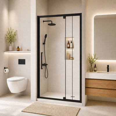 Porte de douche à charnière pivotante semi-sans cadre 44-48 po X P 72 po H, verre trempé de 1/4 po (6 mm), finition noir mat, porte de douche en verre réversible