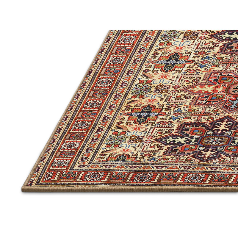 Tapis traditionnel beige / vert / rouge, Rectangle 4 pi x 6 pi