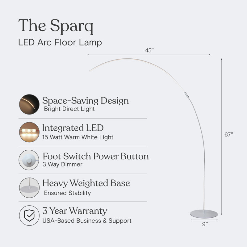 Sparq Arc 67 in. Industrial Silver LED Floor Lamp with Built-In 3-Way Dimmer, Platinum Silver