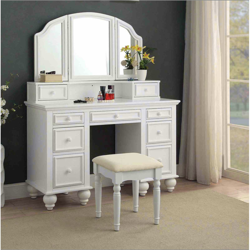 Transitional Style  1Pc Vanity W/ Stool Set Knob Handles Storage Drawers 3-Sidded Mirror Bedroom Furniture, White