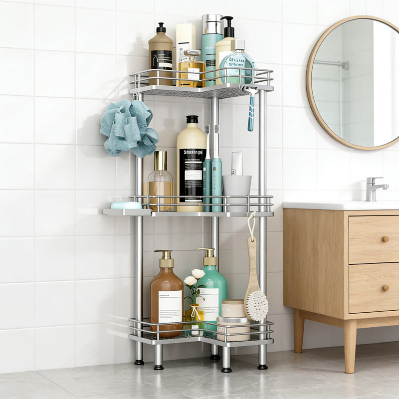 Serviteur de douche debout en coin - Organisateur de tablettes de douche antirouille à 3 niveaux avec porte-savon et 4 crochets pour le rangement de la salle de bain
