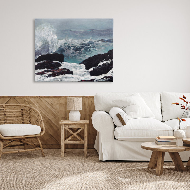 Crashing Waves Ocean Rocks Cliff Rough Waters par Lettered And Lined - peinture sur toile tendue, L 48 po x H 36 po