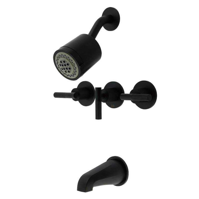 Kingston Brass Convergent Triple-Handle Tub and Shower Faucet with Knurled Handle, Matte Black