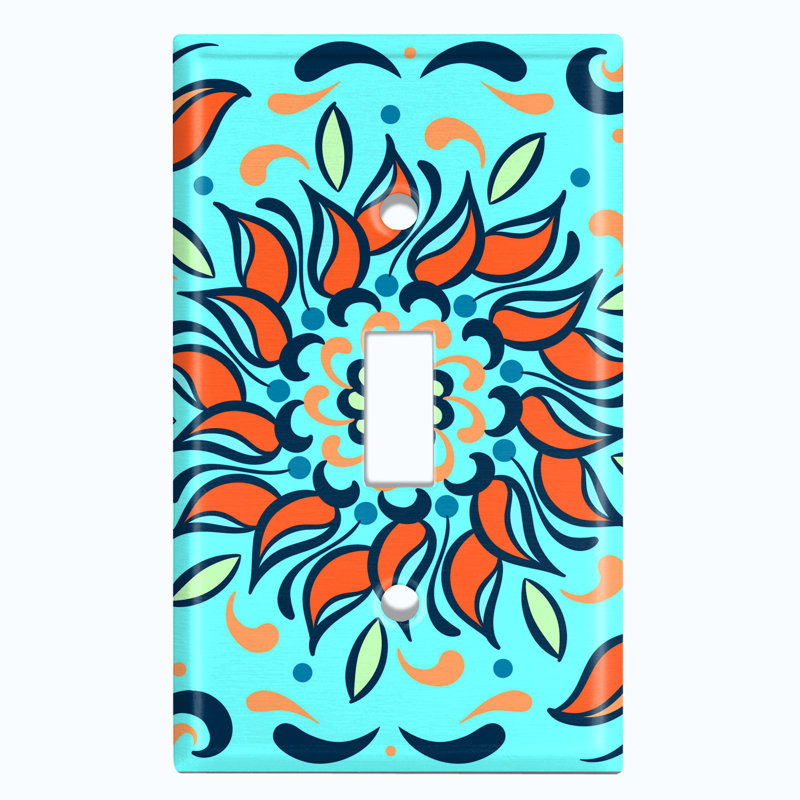 Colorful Teal Orange Tile Black Patterned 1 - Gang Toggle Light Switch Standard Wall Plate