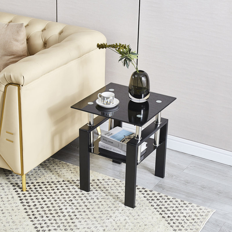 Table de canapé en verre trempé noir, table de bout à 2 niveaux avec rangement, table d'appoint de salon