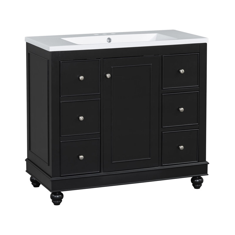 Meuble-lavabo contemporain noir - 36 po x 18 po x 34 po, 4 tiroirs et 1 porte d'armoire, rangement polyvalent, lavabo intégré en résine, tablettes réglables, cadre en bois massif avec panneau de fibres à densité moyenne