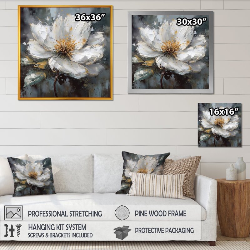 «Vibrant White Grey Peony Flower», impression sur toile, Cadre photo noir, H 16 po x l 16 po x P 1 po