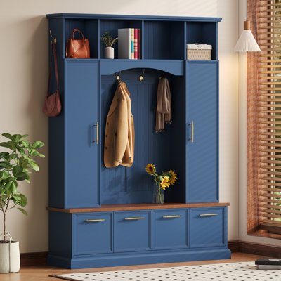Arbre d'entrée élégant 4-en-1 avec crochets et poignées dorés, banc pratique en noyer pour l'entrée avec tablettes réglables, porte-manteau et porte-chaussures style maison de campagne en bois pour le vestibule, salon