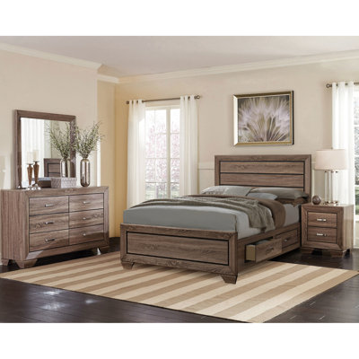Chambre à coucher Queen, 4 pièces, taupe délavé, lit en chêne naturel avec table de chevet, commode et miroir, bois d'ingénierie, aspect taupe
