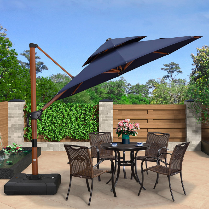 Parasol en porte-à-faux rond en bois avec base Epperly, H 105,6 po x l 120 po x P 120 po, Marine