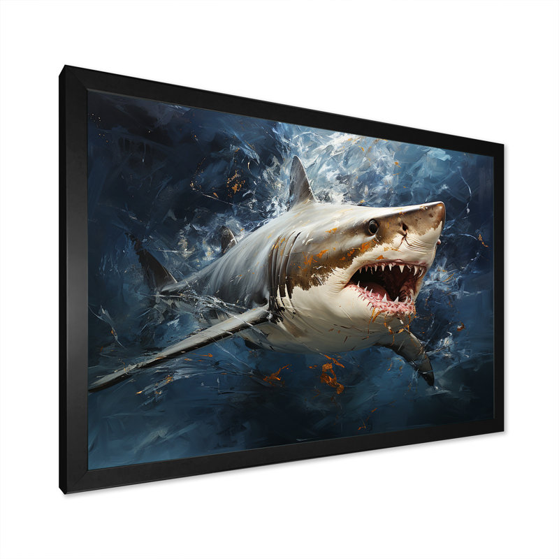 Underwater Shark Attack III - Sharkwall Art, 12" H x 20" W x 1" D, Black Closed Corner Framed