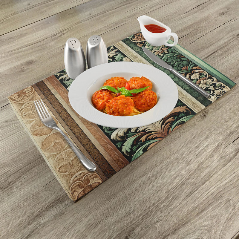 Emerald and Caramel Polyester Damask Rectangle Placemats Set