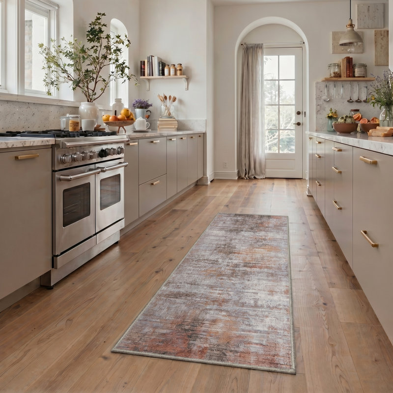 Arteo Abstract Machine Washable Brown / White / Orange Indoor Area Rug with Non-Slip Backing, Runner 2' x 7'