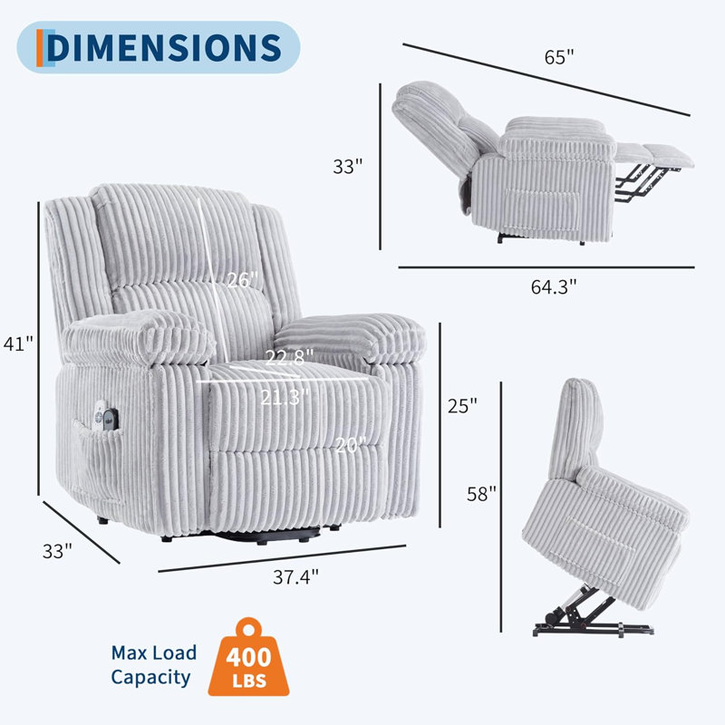 Power Lift Recliner Chair, with Heat and Massage, Light Gray