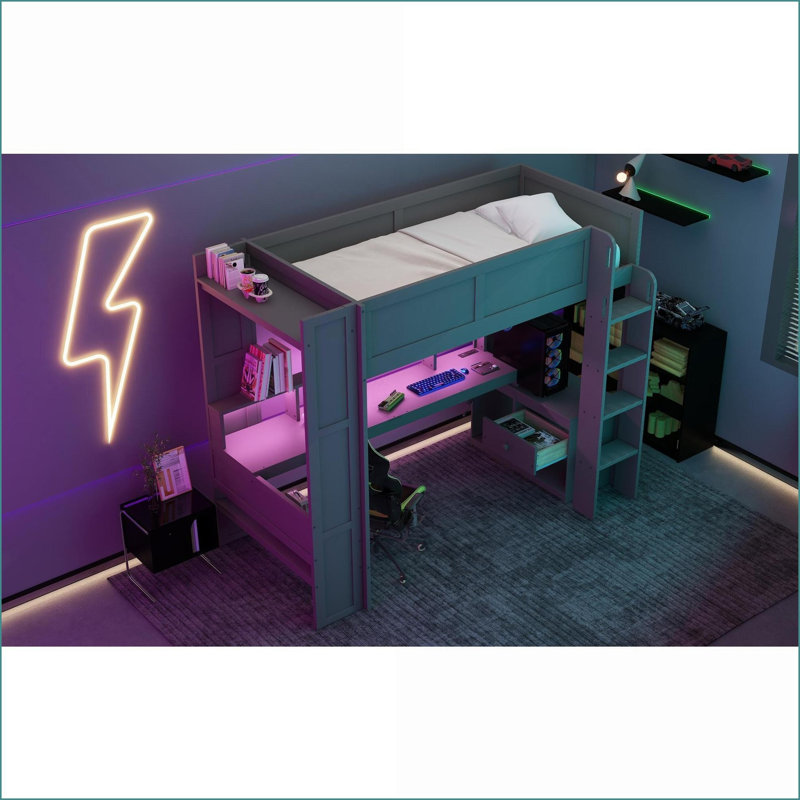 Twin Size Pine Wood Loft Gaming Bed with Desk, Storage Shelves, LED &amp; Charging Station - Dark Gray