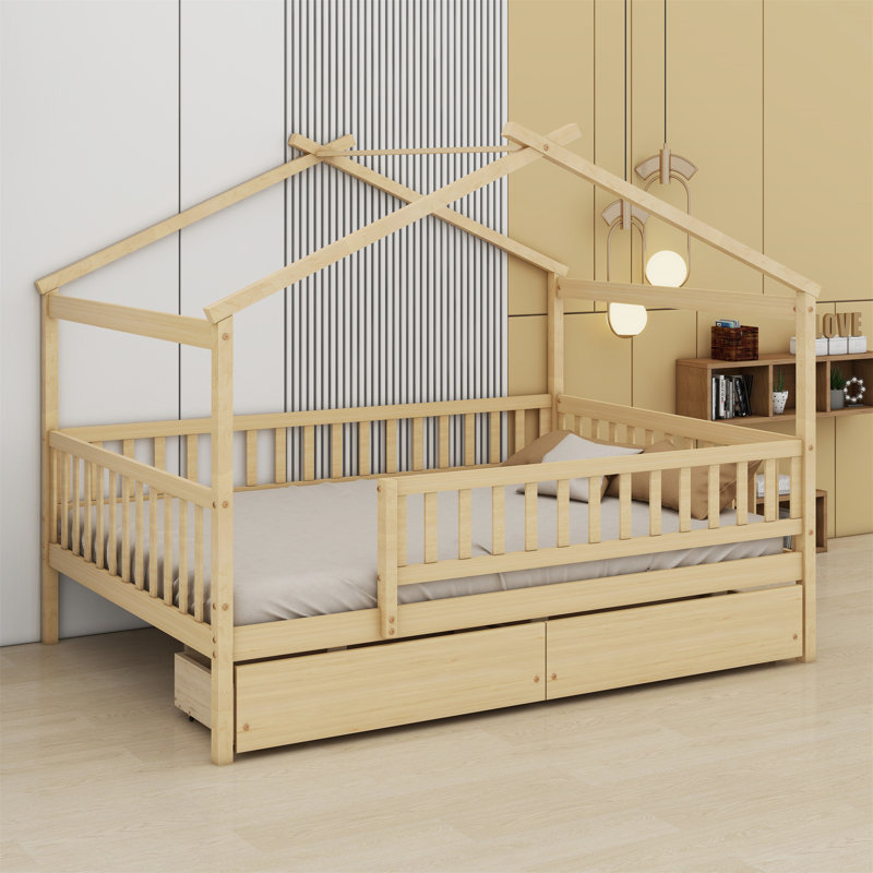 Lit en bois avec deux tiroirs, Naturel
