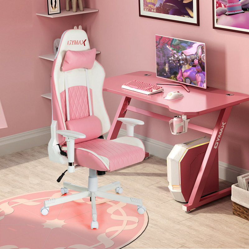 Inbox Zero Adjustable Reclining Ergonomic Faux Leather Swiveling PC & Racing Game Chair in Pink/White