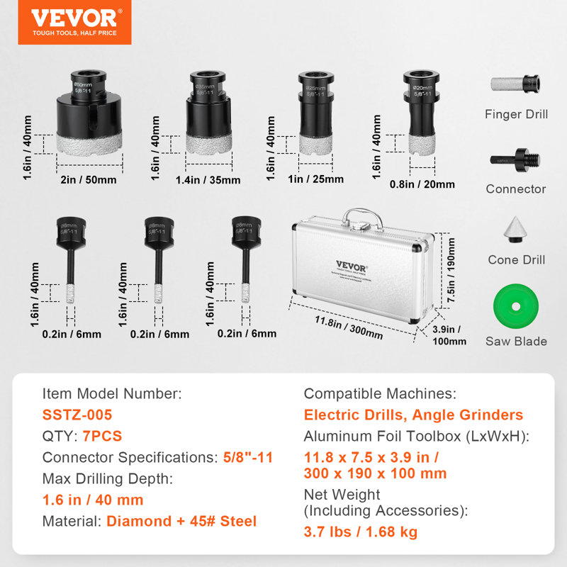 VEVOR Diamond Core Drill Bit Set, 7 PCS Diamond Hole Saw Kit for Dry and Wet, with Storage Case