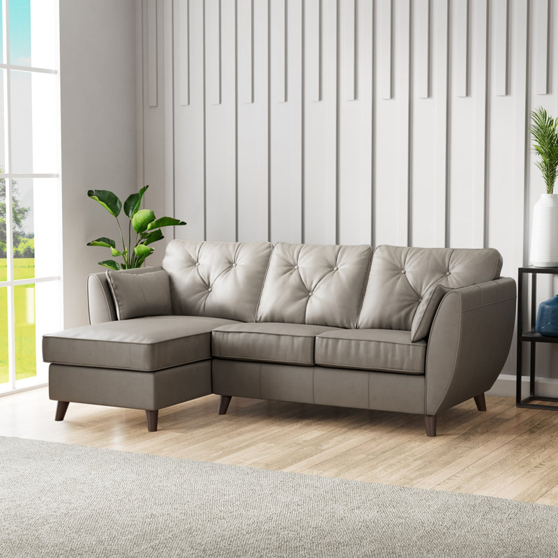 Hoxton 3 Seater Leather Maxi Sofa Chaise, Left Hand Facing, Stone Grey, Dark Wood