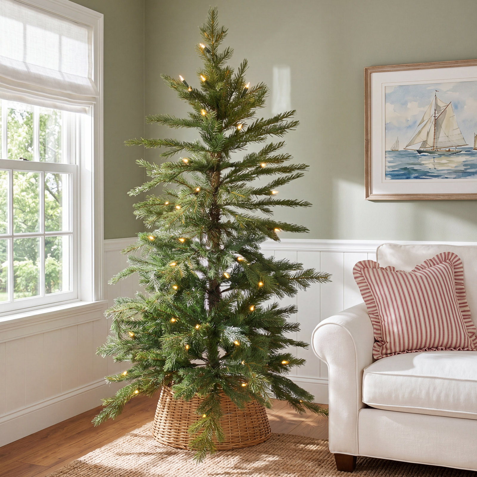 Faux Pine Tree in Burlap Pot Liner, 49" H x 29" W x 29" D