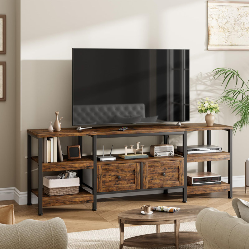 Modern-Industrial TV Stand with 2 Fabric Drawers, Entertainment Center for TVs Up to 75", Media Console with Storage Shelves, Open Design & Metal Frame