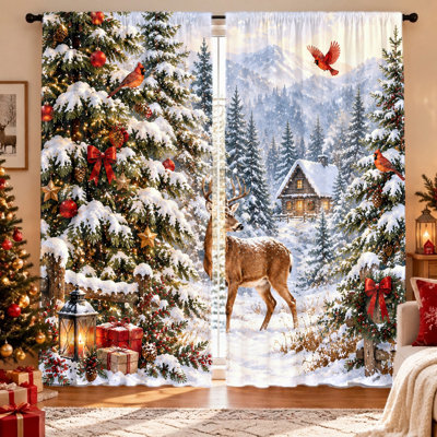 2 pièces rideaux Winter Wonderland, charmant cerf et cabine confortable, tissu filtrant la lumière, protection de la vie privée, passe-tringle, lavable à la machine, idéal pour le salon, la chambre à coucher, le balcon, la cuisine, la décoration festive, Essential H