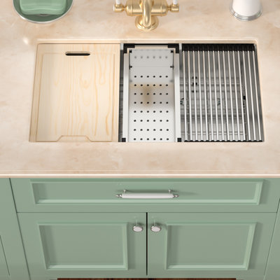32'' L Undermount Workstation Single Bowl Stainless Steel Kitchen Sink With Cutting Borad and Colander