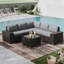 Ensemble de canapé modulaire en rotin PEHD pour l'extérieur 5 personnes avec coussins et accoudoirs larges toutes saisons-108607962