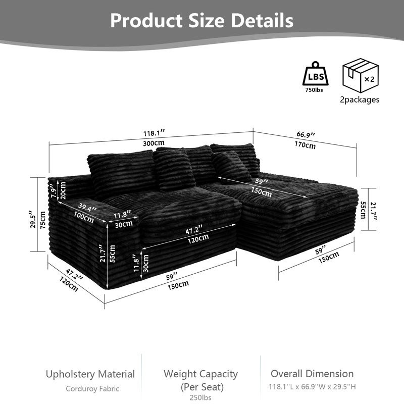 118.1" L-Shaped Modular Sectional Sofa with Plush Corduroy Fabric, Compressed Cloud Couch with Chaise Lounge for Living Room & Apartment, No Assembly Required