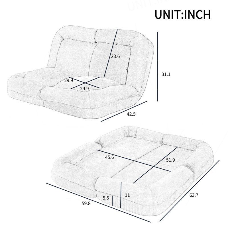 Convertible Fold-Out Double Sofa Bed,Grey,The Left Part Of The Complete Product., White Fabric