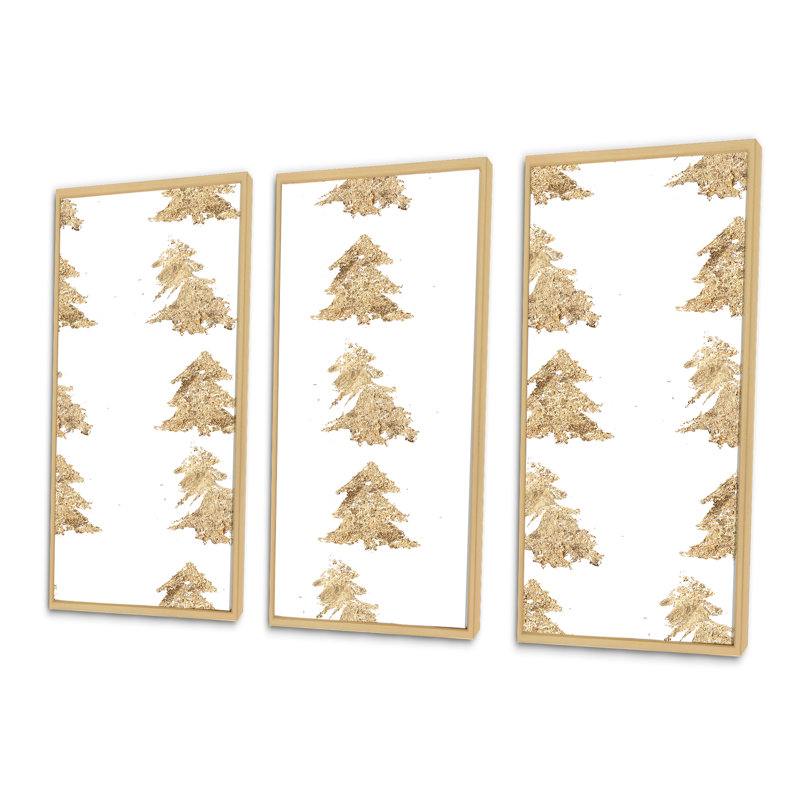 Sapins de Noël dorés - ensemble d'art mural sur toile traditionnel encadré de 3, H 20 po x l 36 po x P 1 po, Brun