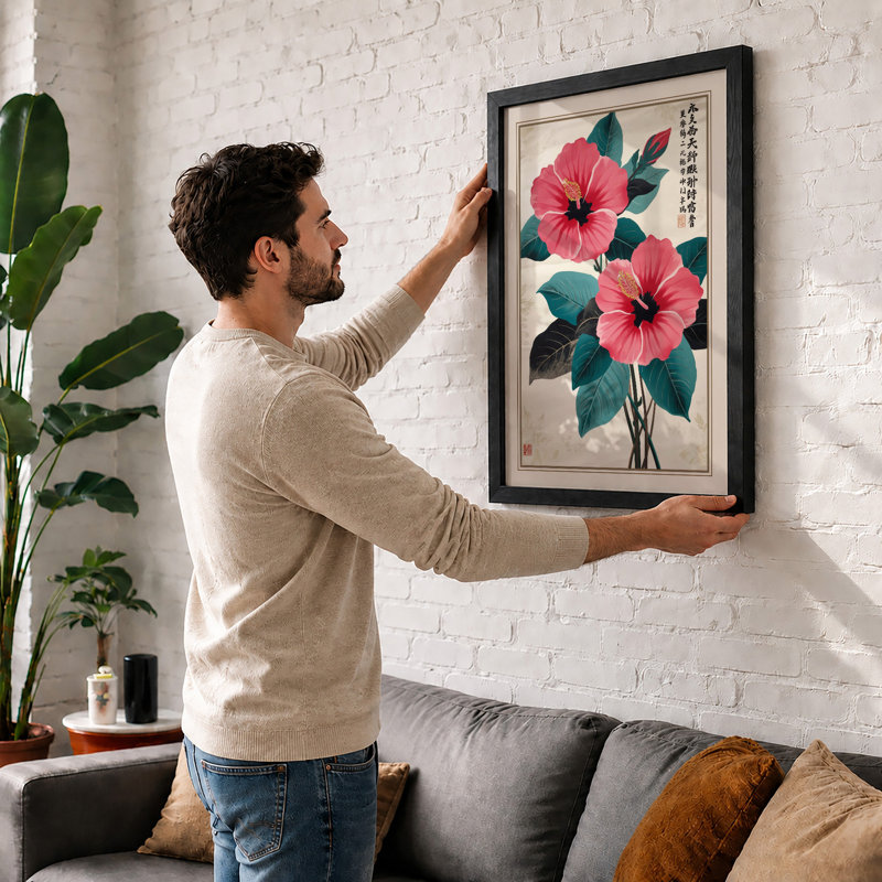 Pink Blooms with Seal Botanical - Framed Print, A2 - 59.4 x 42.0 cm, Oak