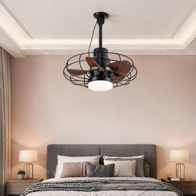 Élégant ventilateur de plafond d'extérieur à cage noire de 20 pouces avec lumière DEL et télécommande à brancher pour les patios et les abris de jardin