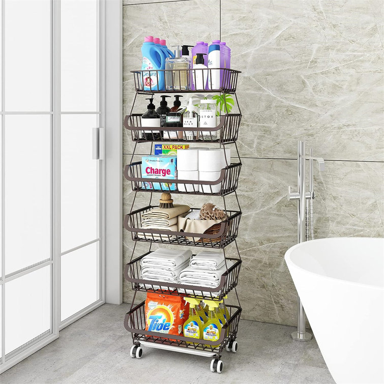 Fruit and Vegetable Basket for Kitchen Wood Top,5 Tier Stackable Metal Wire  Storage Stand Cart, Organizer Bins Rack for Onions and Potatoes,  Baskets,Black