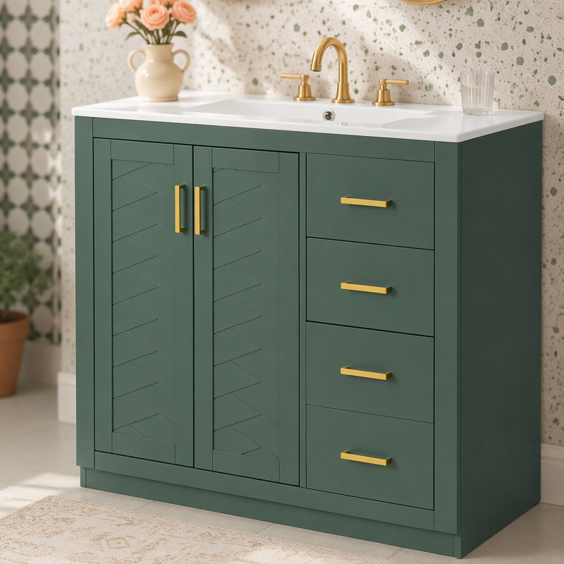Ensemble de meuble-lavabo 36 po avec lavabo en céramique, armoire de rangement en bois massif, ensemble de meuble-lavabo autoportant avec 3 tiroirs et portes à fermeture douce