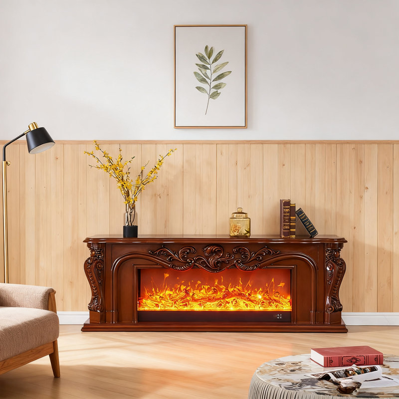 European Retro Light Luxury Oak Fireplace TV Stand, White/Dark Brown Available, Simulated Flame Electric Heating Decorative Floor Cabinet
