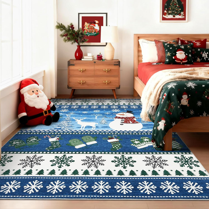 2x6 Christmas Runner Rug – Washable, Non-Slip, Santa & Reindeer Print, Low Pile, Foldable Carpet for Hallway, Kitchen, Bedside (Grey)