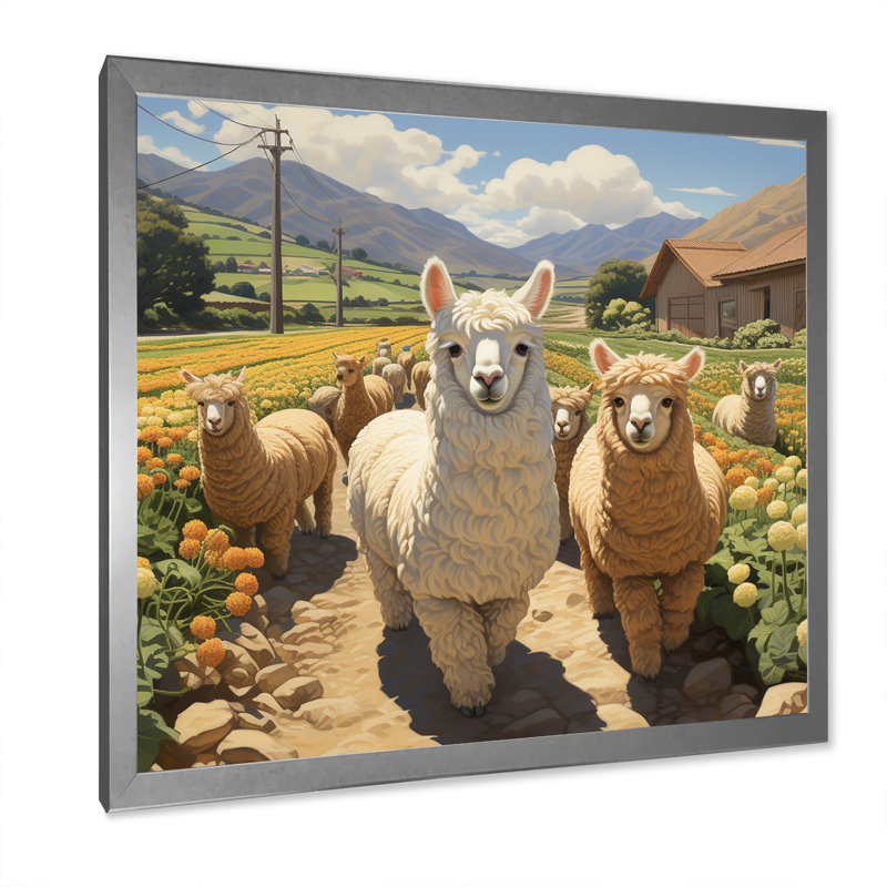 Cheerful Farm Alpaca Portrait - Perroquet, art mural, Cadre simple argenté, H 36 po x l 36 po x P 1,5 po